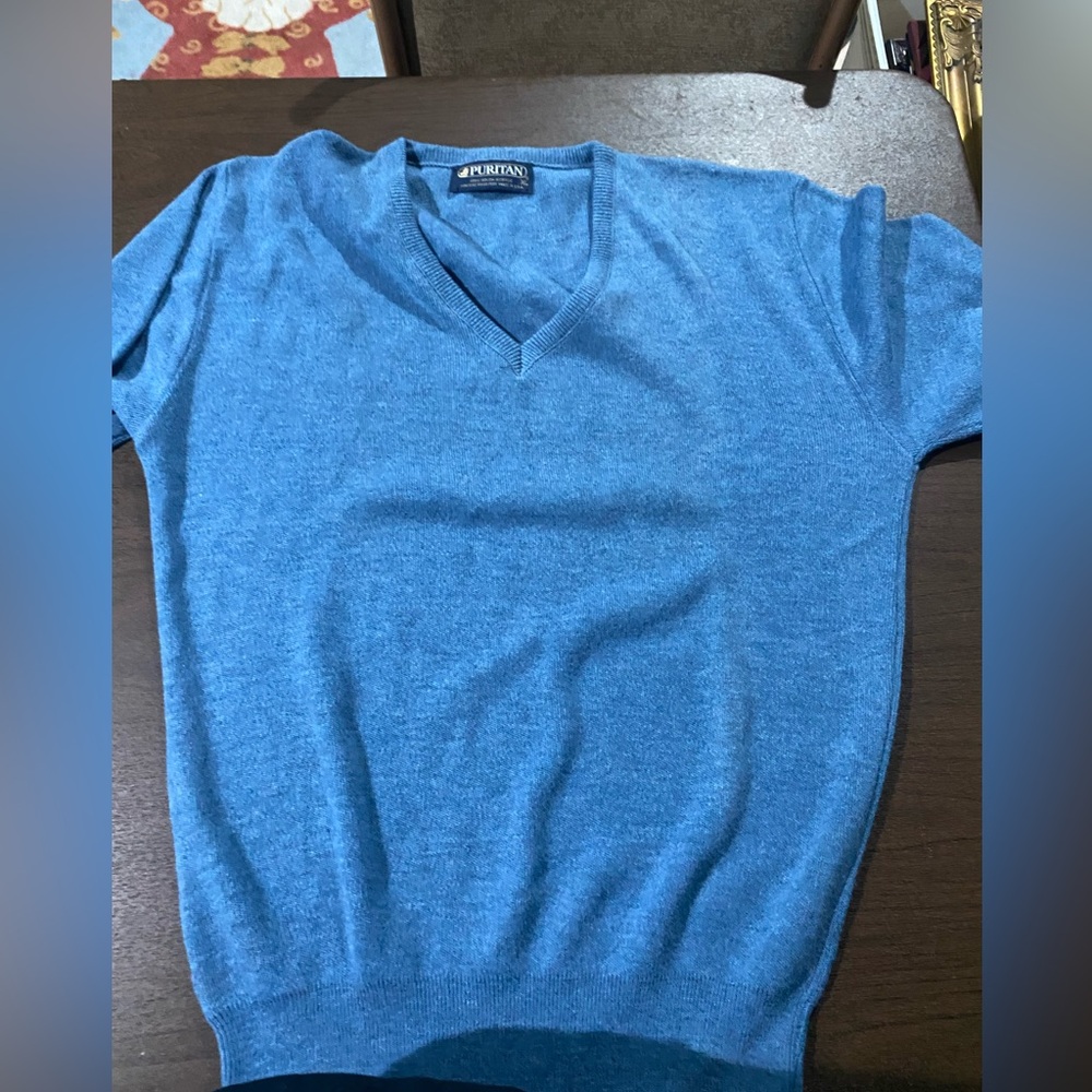 Vintage 80s Preppy V-Neck Sweater Adult XL Blue Grandpa Knit Puritan Lightweight